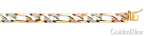 6mm Men's 14K Tricolor Gold Nugget Oval Figaro Link Chain Bracelet 8in Slide 1