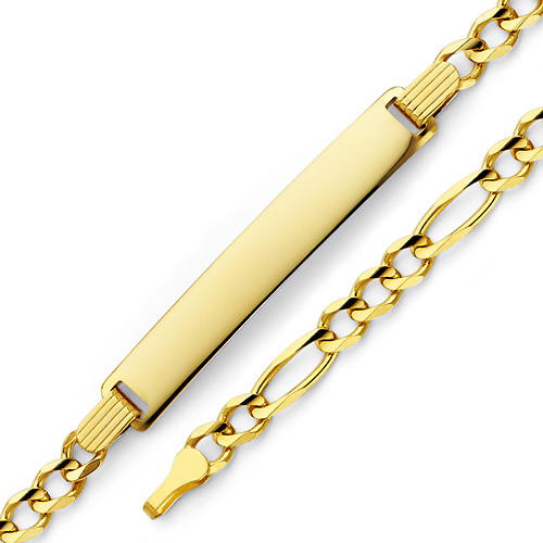 4mm 14K Yellow Gold Figaro Link Rectangle ID Bracelet Slide 0