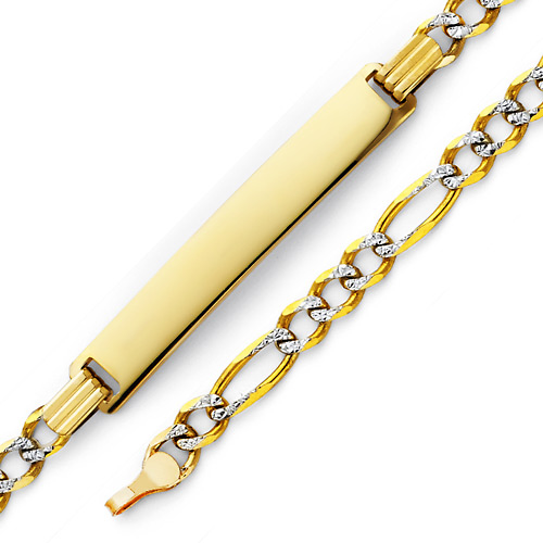 4mm 14K Yellow Gold Two Tone White Pave Figaro Rectangle ID Bracelet Slide 0