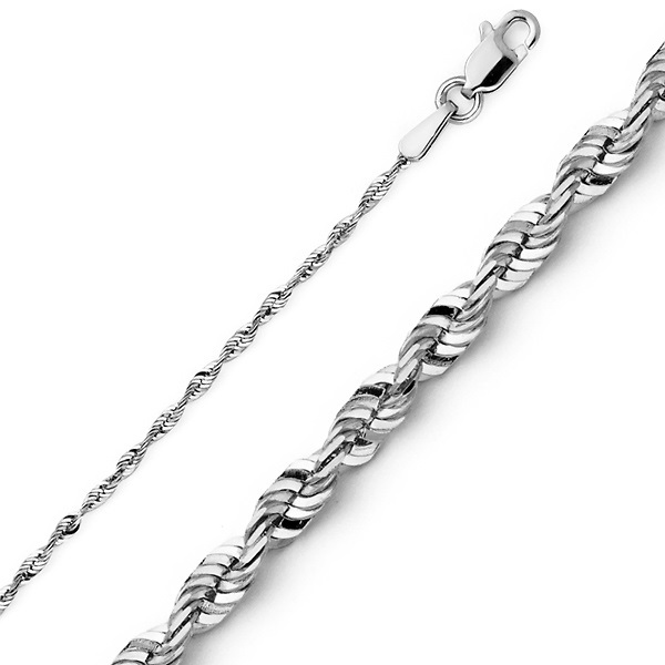 1.5mm 14K White Gold Solid Diamond-Cut Rope Chain Necklace 16-24in Slide 0