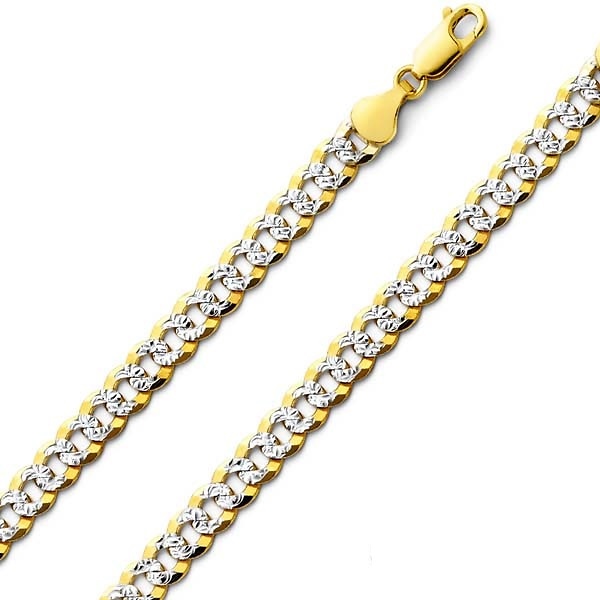 6mm 14K Two-Tone Gold Solid Men's White Pave Curb Cuban Link Chain Necklace 20-26in Slide 0