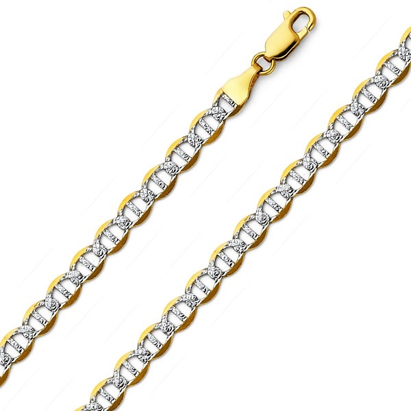 5.5mm 14K Two-Tone Gold Solid Men's White Pave Flat Mariner Chain Necklace 20-24in Slide 0
