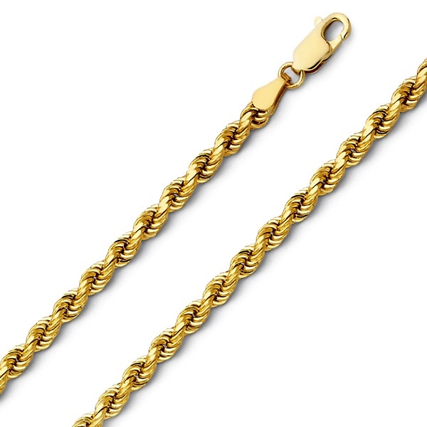4mm 14K Yellow Gold Solid Men's Diamond-Cut Rope Chain Necklace - Heavy 20-30in Slide 0