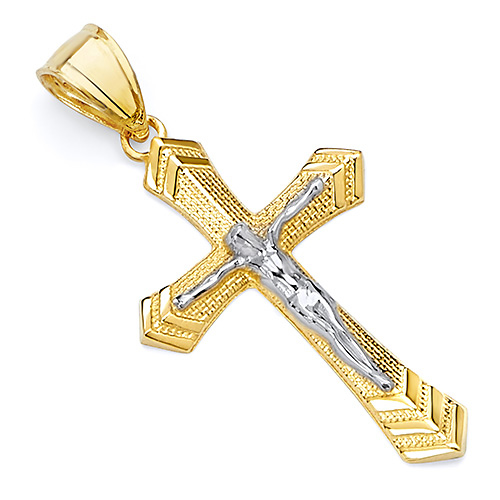 Small Fancy Edge Textured Crucifix Pendant in 14K Two-Tone Gold Slide 0