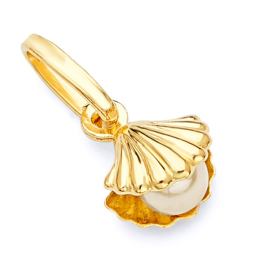 Freshwater Pearl in Scallop Shell Charm Pendant 14K Yellow Gold - Mini Slide 0
