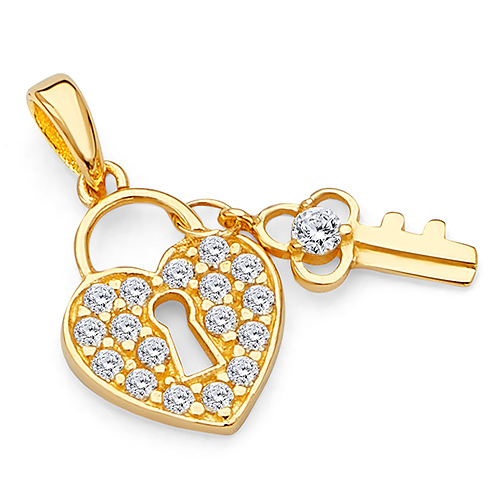 14K Yellow Gold CZ Heart Lock & Key Pendant Slide 0