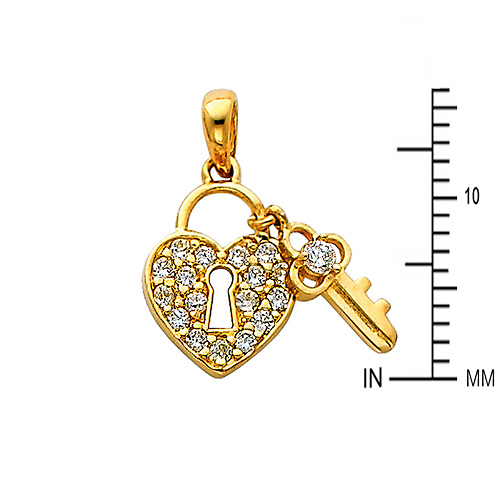 14K Yellow Gold CZ Heart Lock & Key Pendant Slide 1