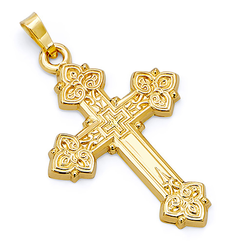 Floral Budded Cross Pendant in 14K Yellow Gold - Small Slide 0