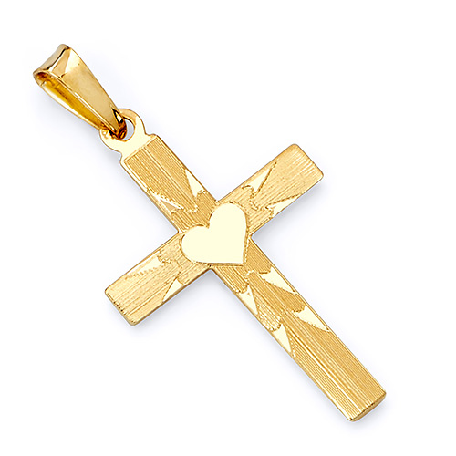 Small Brushed & Polished Heart Cross Pendant in 14K Yellow Gold Slide 0