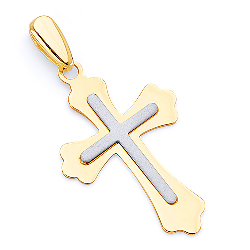 Small Flat Fleury Two-Tone Cross Pendant in 14K Yellow Gold Slide 0