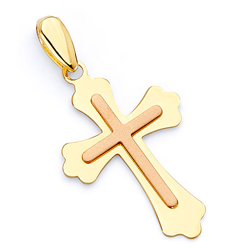 Small TwoTone Fleury Cross Pendant in 14K Yellow Gold Slide 0