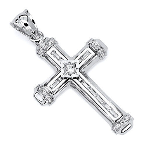 Medium Round & Baguette CZ Medium Cross Pendant in 14K White Gold Slide 0