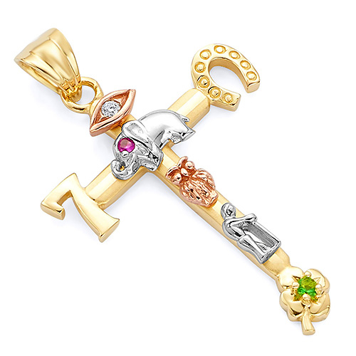 Small Good Luck Icon Cross Pendant in 14K TriGold Slide 0
