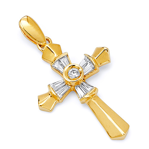 Fancy Small Tapered Baguette CZ Cross Pendant in14K Yellow Gold Slide 0