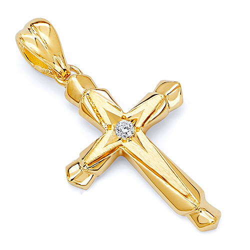 Fancy Solitaire CZ Stacked Cross Pendant in 14K Yellow Gold- Small Slide 0