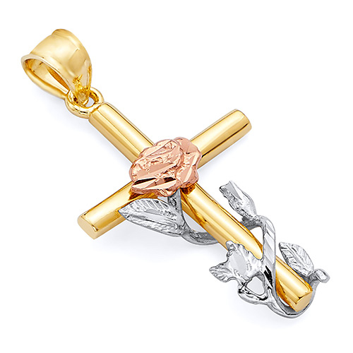 Medium Rose Cross Pendant in 14K Tricolor Gold Slide 0