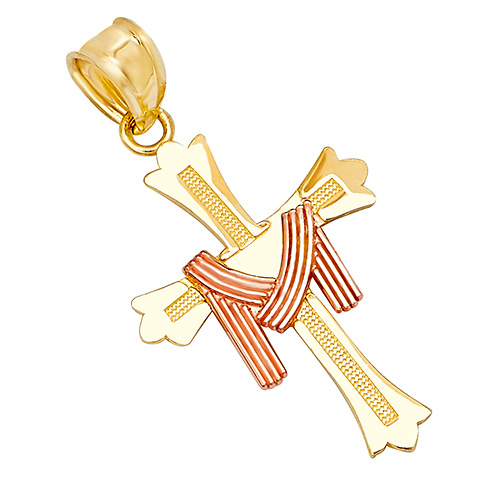 Small Fancy Textured Patonce Cross Pendant in 14K Two-Tone Gold Slide 0