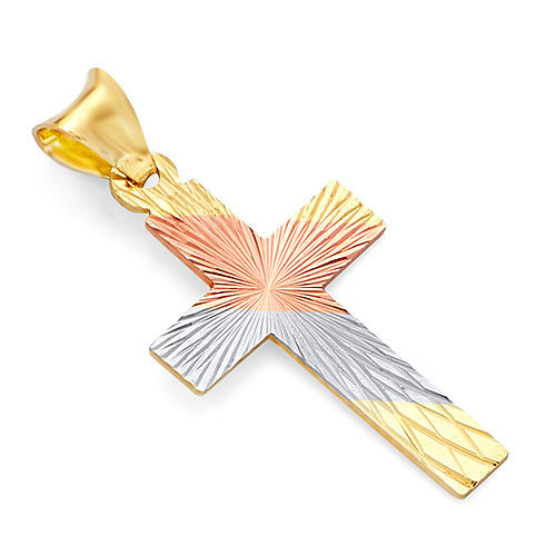 Small Diamond-Cut Stamp Latin Cross Pendant in 14K Tricolor Slide 0