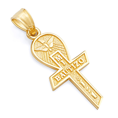 Petite My Baptism in Spanish Text Cross Pendant in 14K Yellow Gold Slide 0