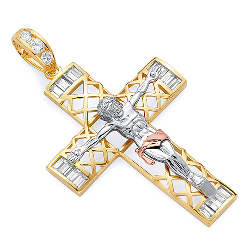Extra Large Open Weave CZ Extra Large Crucifix Pendant in 14K TriGold Slide 0