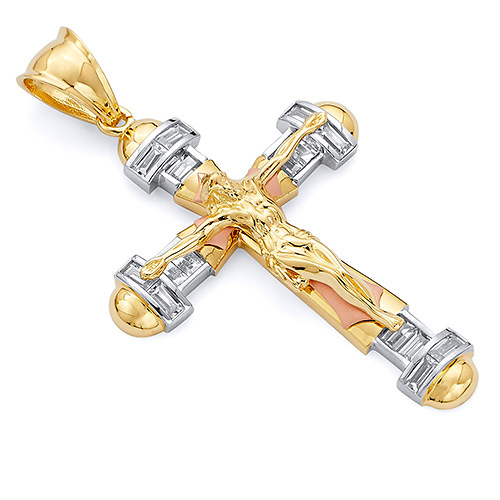 Extra Large Fancy Baguette CZ Crucifix Pendant in 14K TriGold Slide 0