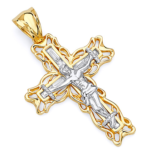 Large Open Ivy CZ Crucifix Pendant in 14K Two-Tone Gold Slide 0