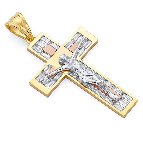 Extra Large Wide Double-Cross CZ Crucifix Pendant in 14K TriGold Slide 0
