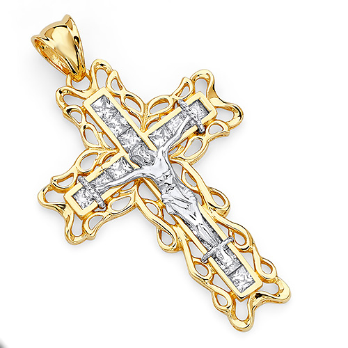 Extra Large Open Ivy CZ Crucifix Pendant in 14K Two-Tone Gold 62mmH Slide 0