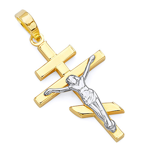 14K Two-Tone Gold Modern Byzantine Crucifix Pendant - Petite Slide 0