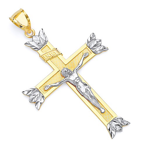 Leaf-Tipped Concave Crucifix Pendant in 14K Two-Tone Gold XXL Slide 0