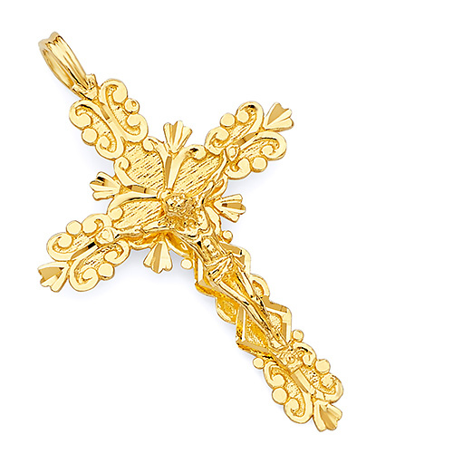 14K Yellow Gold Fancy Flourish Crucifix Pendant - Medium Slide 0
