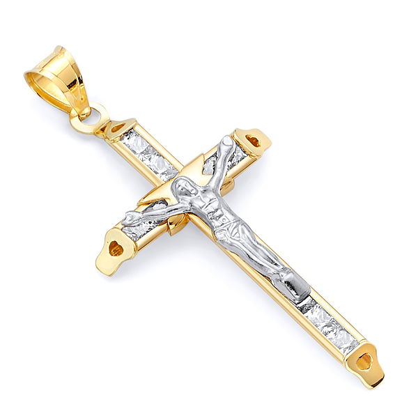 Tapered 14K Two-Tone Gold CZ Crucifix Pendant Slide 0