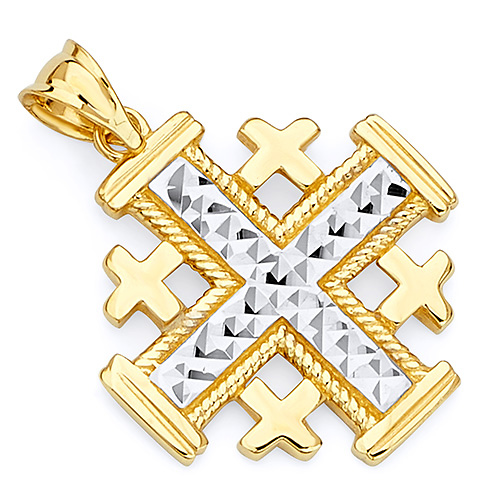 14K Two-Tone Gold Jerusalem Cross Religious Pendant Slide 0
