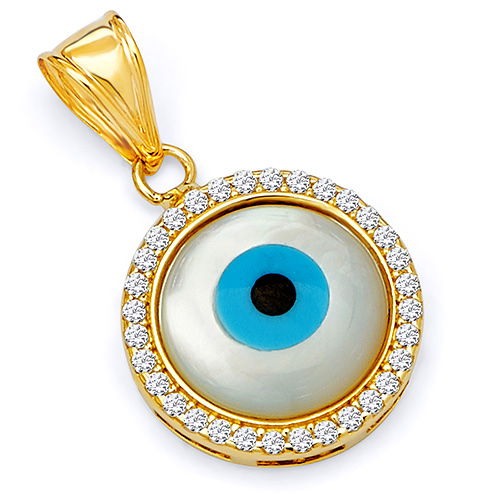 14K Yellow Gold CZ Round Evil Eye Pendant Slide 0