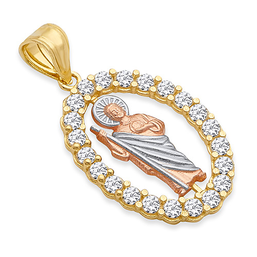 14K TriGold CZ Oval San Judas Tadeo Pendant - Medium Slide 0