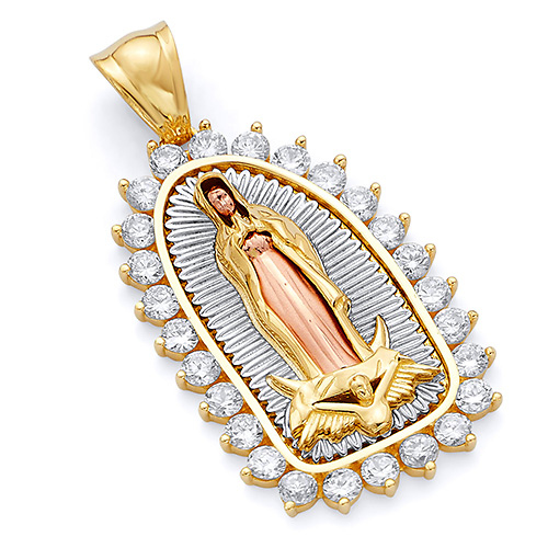 14K Tricolor Gold Halo CZ Our Lady of Guadalupe Pendant - Large Slide 0