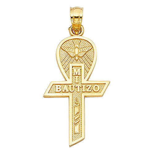 Small My Baptism in Spanish Text Cross Pendant in 14K Yellow Gold Slide 1