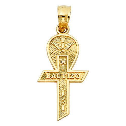 Petite My Baptism in Spanish Text Cross Pendant in 14K Yellow Gold Slide 1