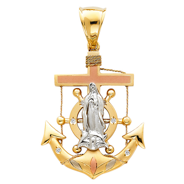XL CZ Our Lady of Guadalupe Mariner's Cross Pendant in 14K Tricolor Gold Slide 0
