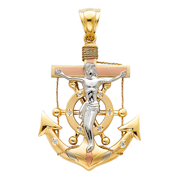 CZ Accented Mariner's Cross Crucifix Pendant in 14K TriGold - XL Slide 0