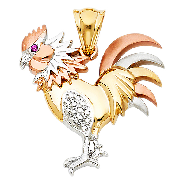 CZ Accented Rooster in 14K Tricolor Gold Slide 0
