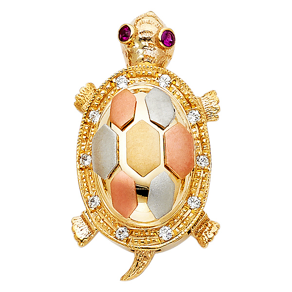 Open Shell CZ Baby Turtle Pendant in 14K TriGold - Medium Slide 0