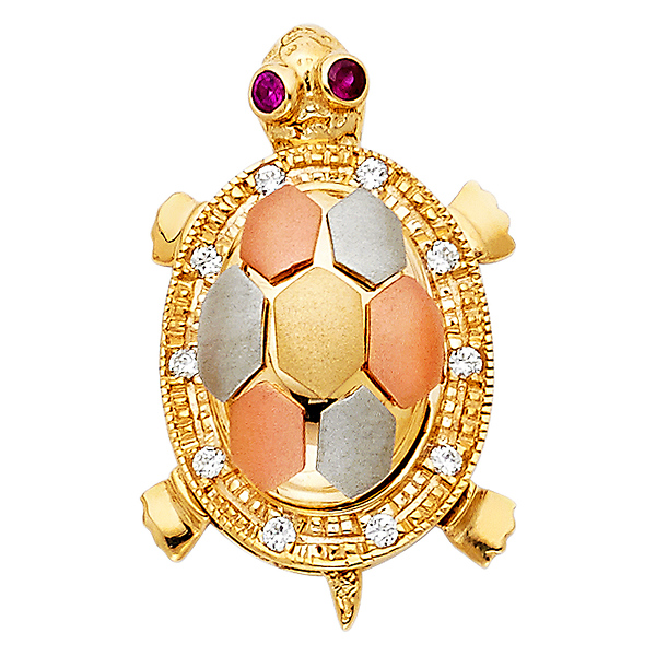 CZ Smooth Open Shell Baby Turtle Pendant in 14K Tricolor Gold - Medium Slide 0