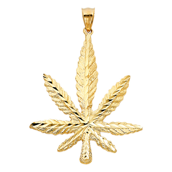 XL Diamond-Cut Marijuana Leaf Pendant in 14K Yellow Gold Slide 0