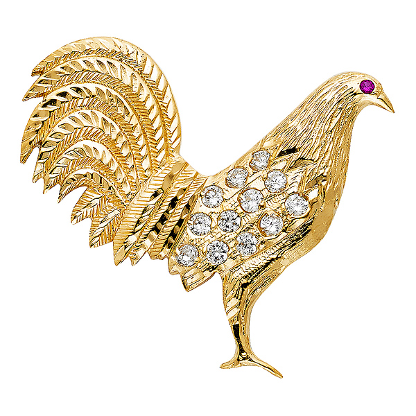 Extra Large CZ Rooster Pendant in 14K Yellow Gold Slide 0