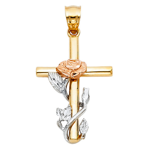Medium Rose Cross Pendant in 14K Tricolor Gold Slide 1
