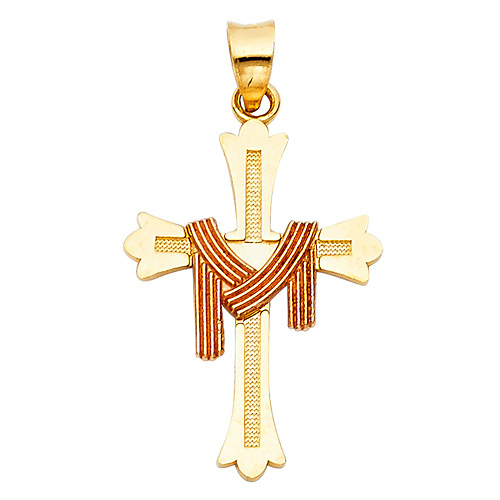 Small Fancy Textured Patonce Cross Pendant in 14K Two-Tone Gold Slide 1