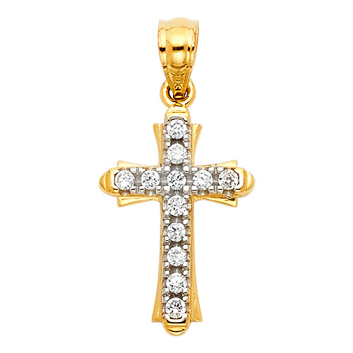 Petite CZ Pave Patonce Cross Pendant in 14K Two-Tone Gold Slide 1