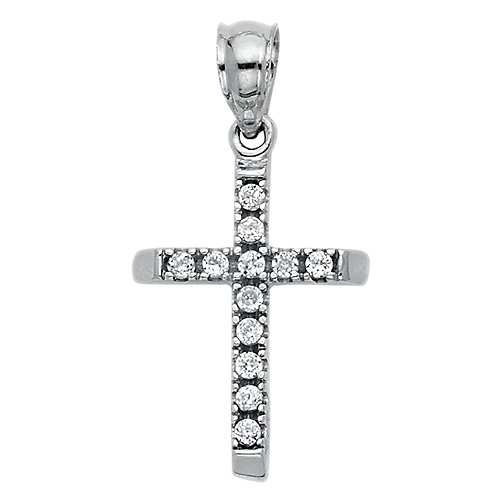 Petite Beveled Edge Slender CZ Cross Pendant in 14K White Gold Slide 0