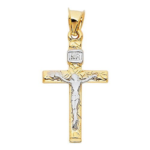 Small Carved Wood-Design Crucifix Pendant in 14K Two-Tone Gold 25mm H Slide 1